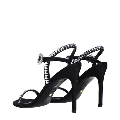 Stuart Weitzman Black Satin Stiletto Heel Sandals with rhinestones, open toe and buckle closure, heel height 10 cm.