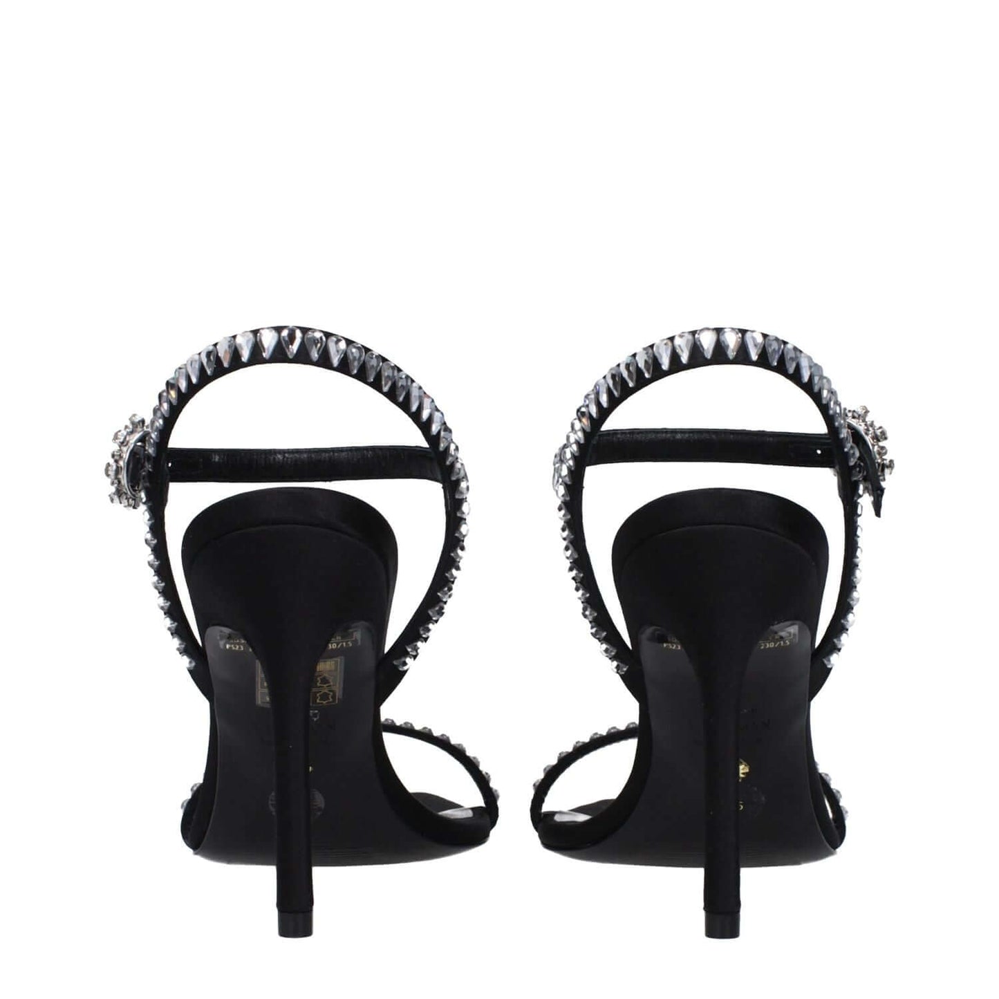 Stuart Weitzman Black Satin Stiletto Heel Sandals with rhinestones, open toe, high heel, and buckle closure, back view.