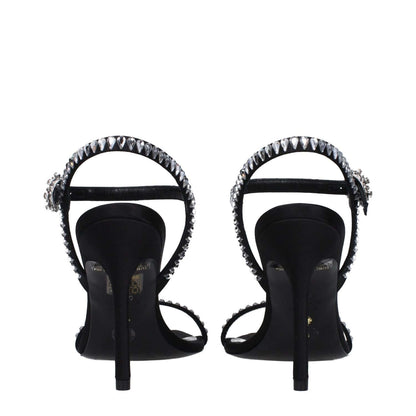 Stuart Weitzman Black Satin Stiletto Heel Sandals with rhinestones, open toe, high heel, and buckle closure, back view.