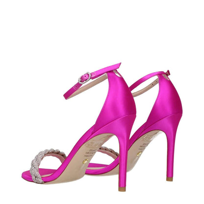 Stuart Weitzman Pink Satin Stiletto Heel Sandals with rhinestone detail, open toe, featuring high 10 cm heel and buckle closure