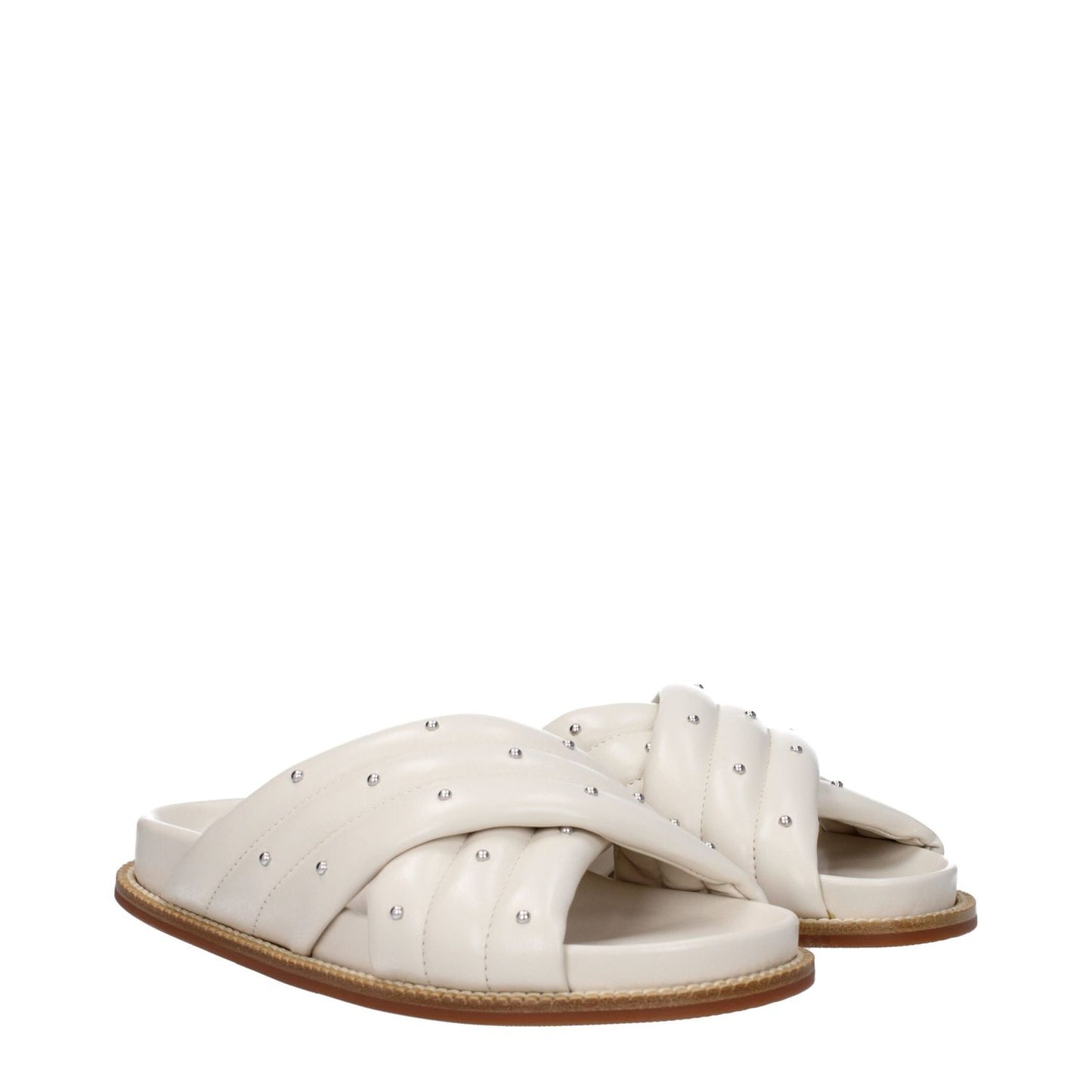 Fabiana Filippi Beige Leather Slippers with studs, open toe, rubber sole, and low flat heel. Casual style, ivory accents.
