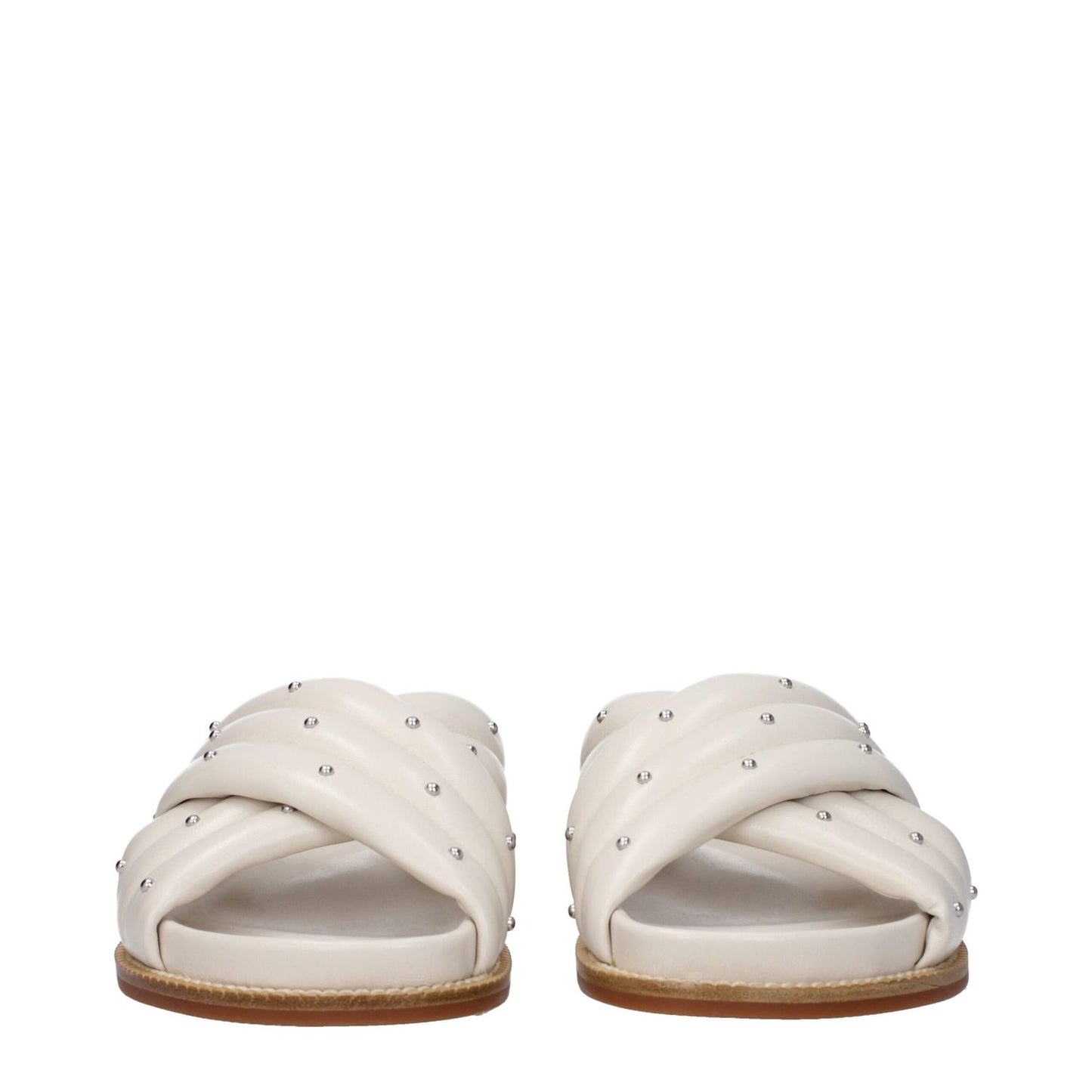 Front view of Fabiana Filippi Beige Leather Slippers with studs and open toe design.