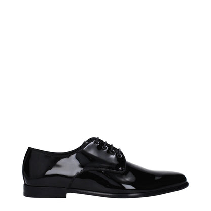 Dolce & Gabbana Black Leather Oxfords And Derbies, patent leather, lace up, casual style, pointy toe, low heel.
