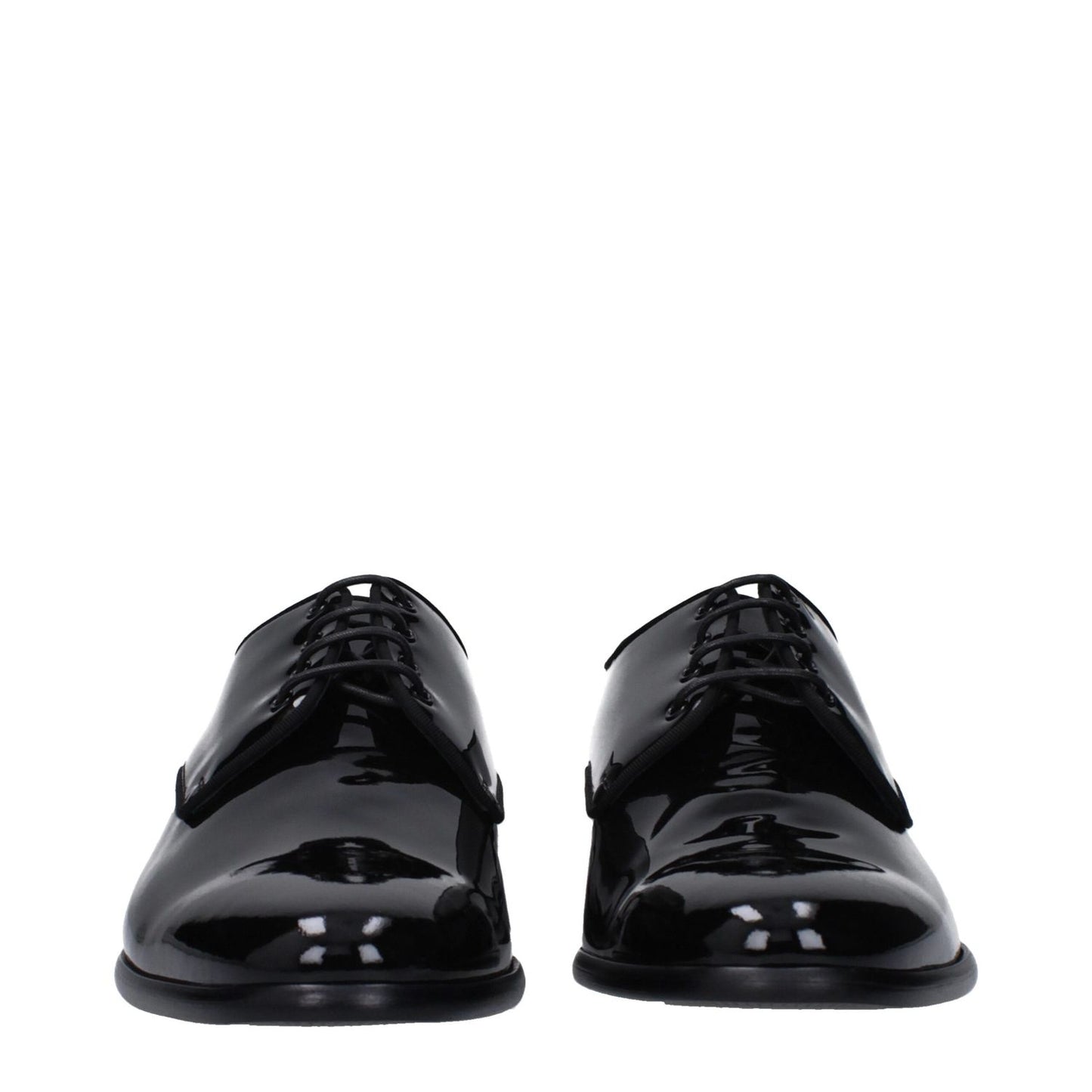 Dolce & Gabbana Black Leather Oxfords And Derbies, pointy toe, lace-up casual style, flat heel, patent leather design.