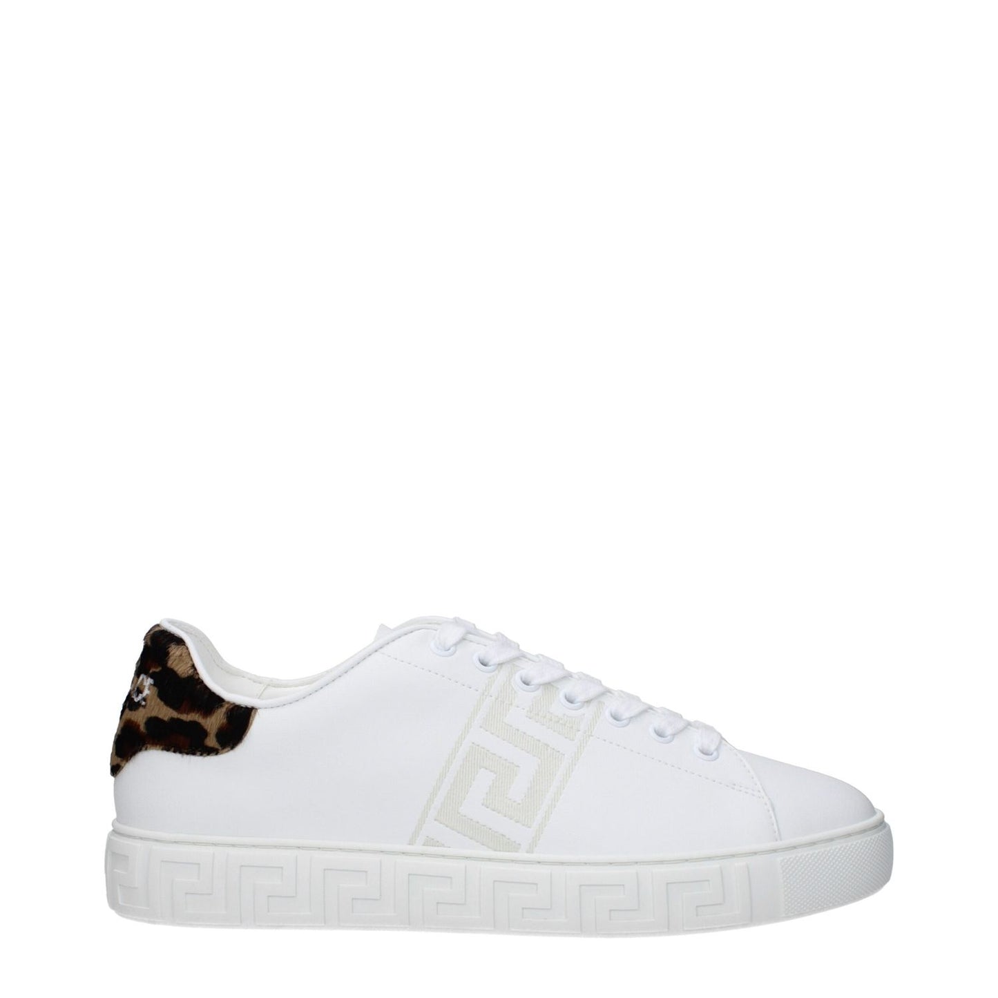Versace White Leather Low Top Sneakers with logo details, lace-up closure, and rubber sole featuring a round toe design.