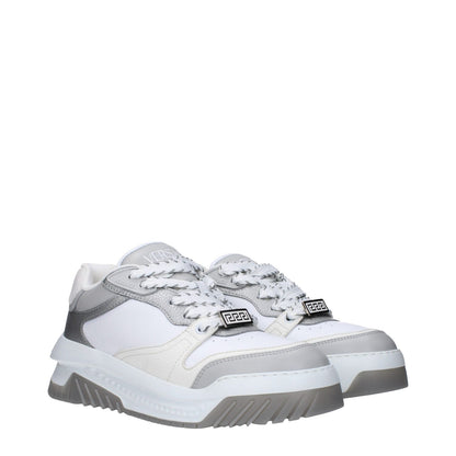 Versace White Leather Chunky Sneakers with logos, lace-up closure, and rubber sole, featuring silver accents and a 5.5 cm wedge.