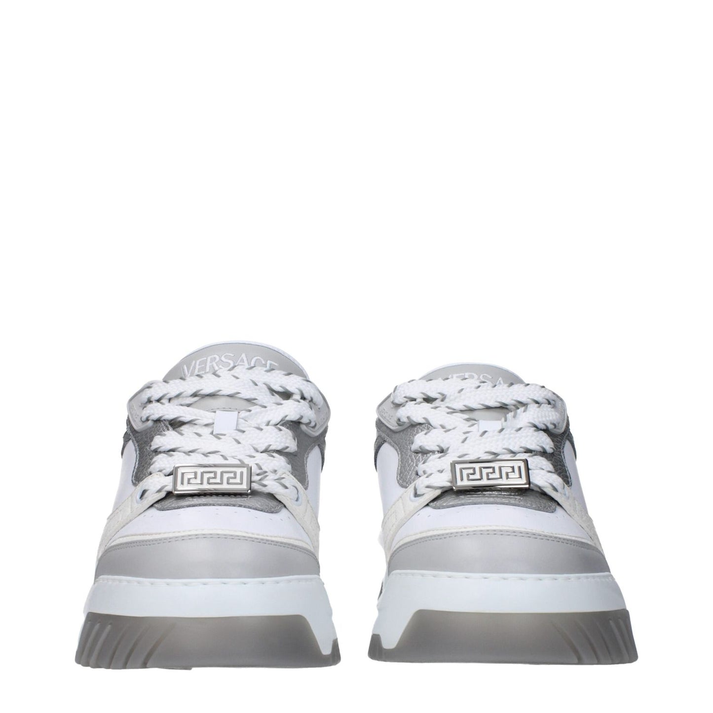 Versace White Leather Chunky Sneakers with lace-up closure and rubber sole, featuring logos on front, side, and back. MPN: 10154371A109252E10P.