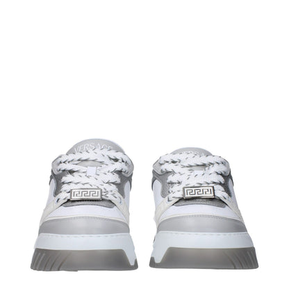 Versace White Leather Chunky Sneakers with lace-up closure and rubber sole, featuring logos on front, side, and back. MPN: 10154371A109252E10P.