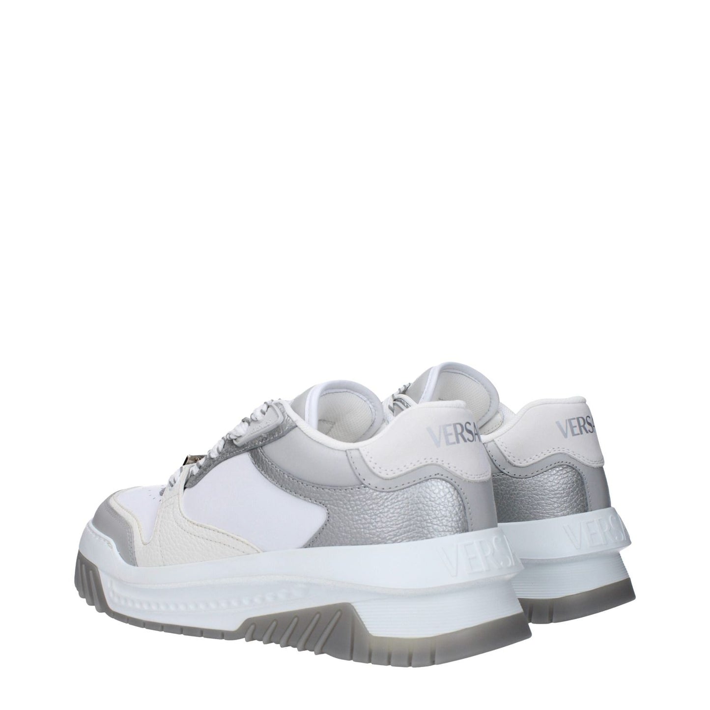 Versace White Leather Chunky Sneakers with silver accents, lace-up closure, rubber sole, round toe, and mid heels.