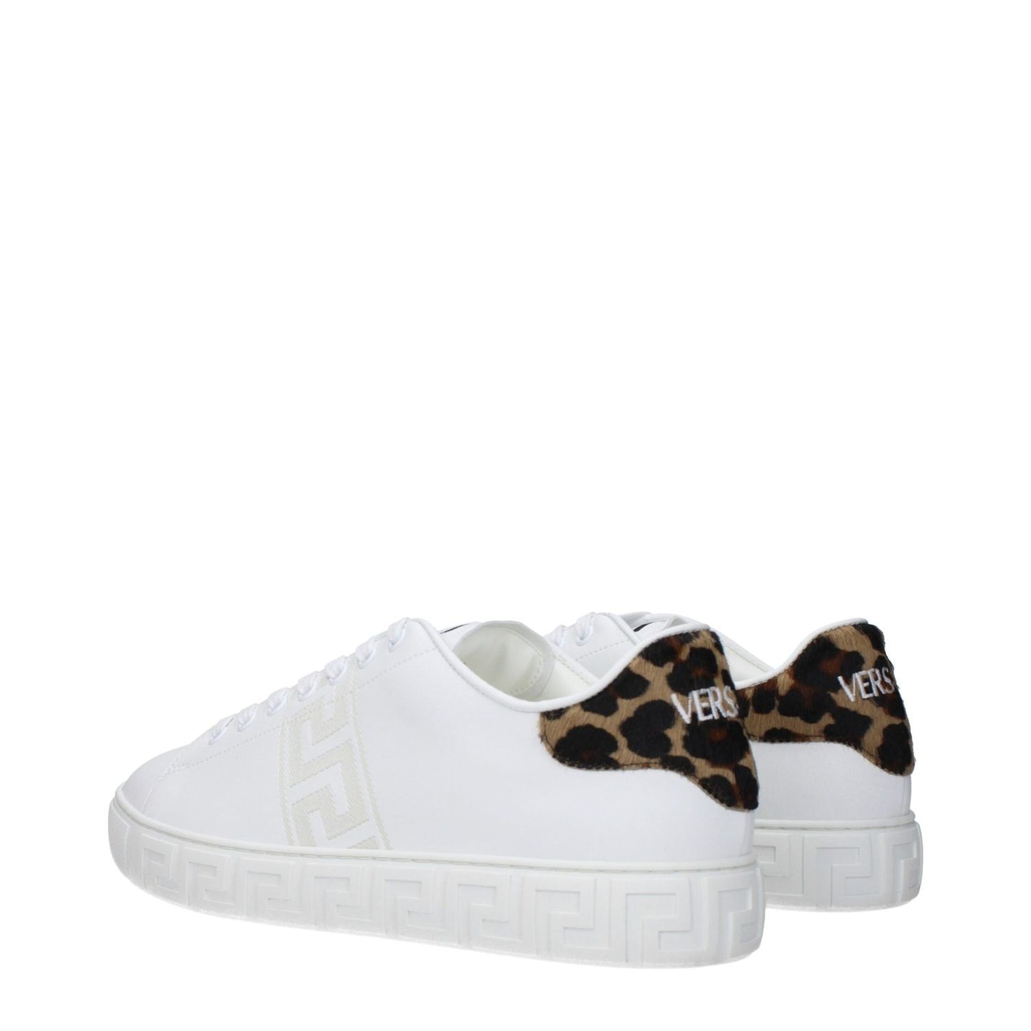 Versace White Leather Low Top Sneakers with front, side, and back logos, leopard detail, lace-up closure, and rubber sole.