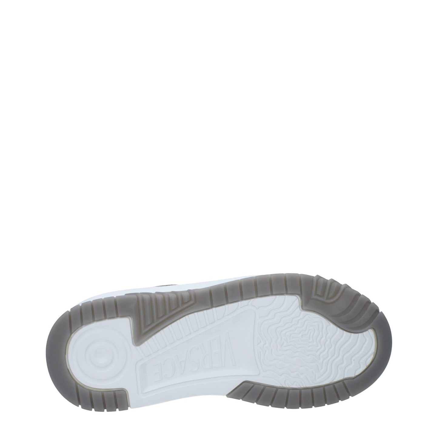 Versace White Leather Chunky Sneakers with rubber sole viewed from below, showcasing tread design for traction and comfort.