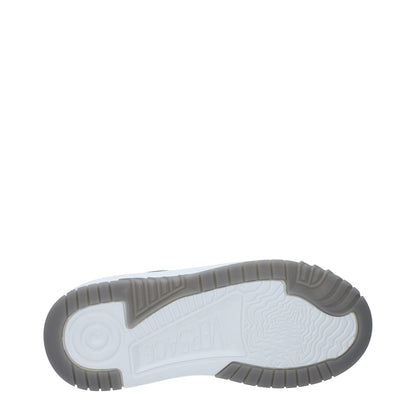 Versace White Leather Chunky Sneakers with rubber sole viewed from below, showcasing tread design for traction and comfort.