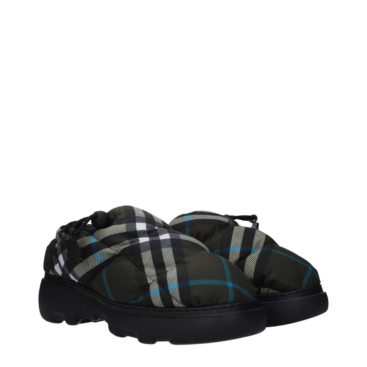 Burberry Green Fabric Slip-On Loafers with check print and rubber sole, featuring drawstring closure and round toe design.