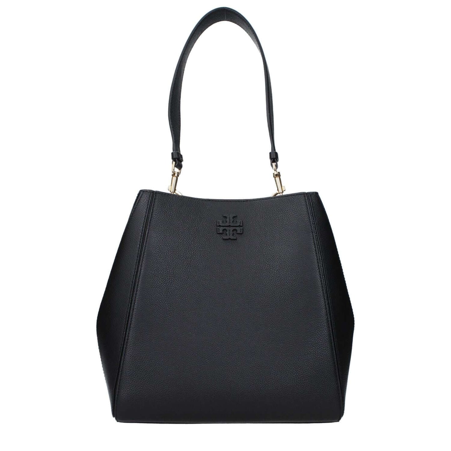 Tory Burch Black Leather Shoulder Bag with front logo, adjustable strap, and hook closure. Casual style, small size, 25 cm handle.
