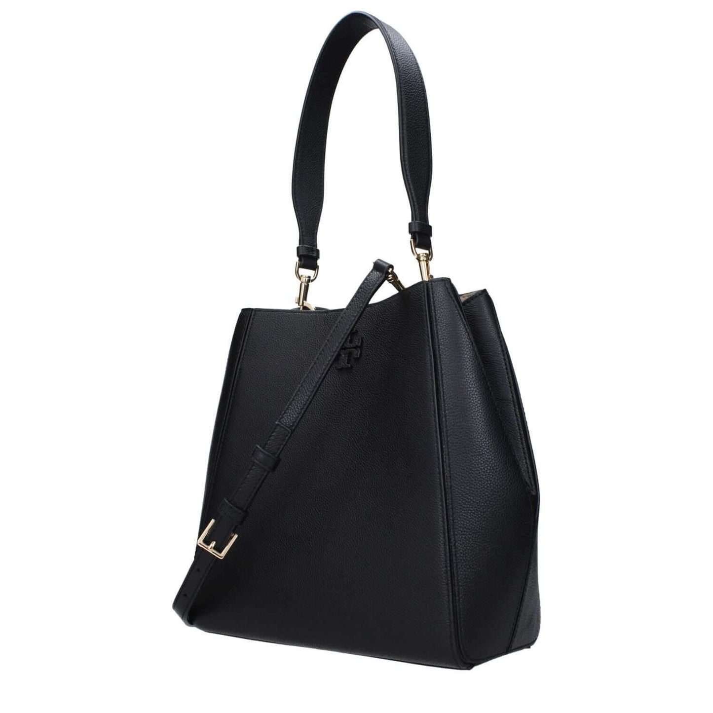 Tory Burch Black Leather Shoulder Bag with adjustable strap and hook closure, featuring front logo and removable handle.