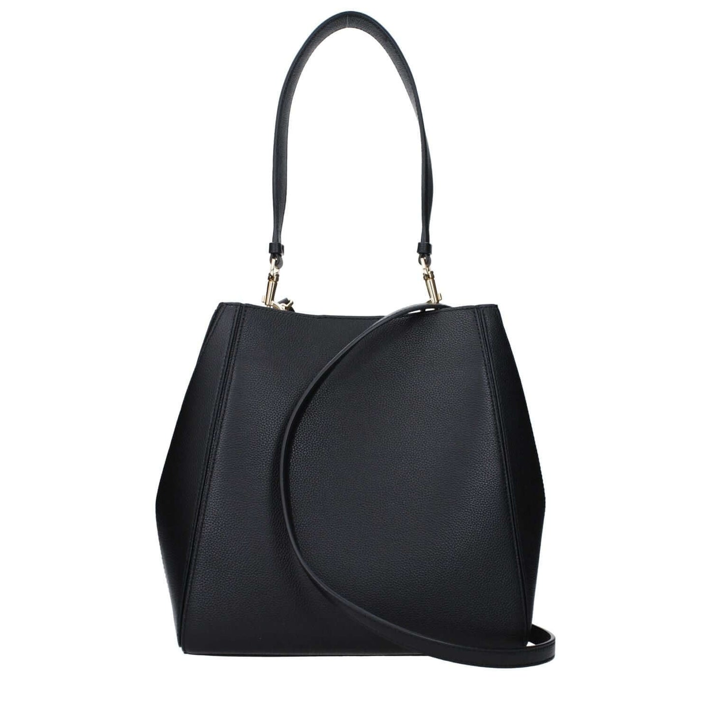 Tory Burch Black Leather Shoulder Bag with front logo, adjustable and removable handles, small casual style.