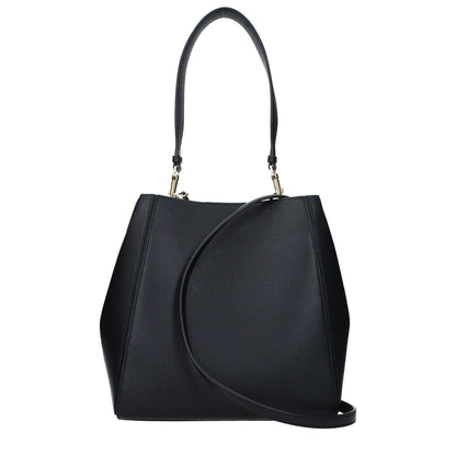 Tory Burch Black Leather Shoulder Bag with front logo, adjustable and removable handles, small casual style.