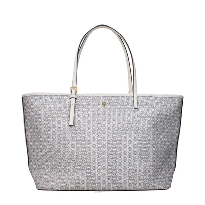 Patterned tote bag with adjustable handles and front logo detailing.