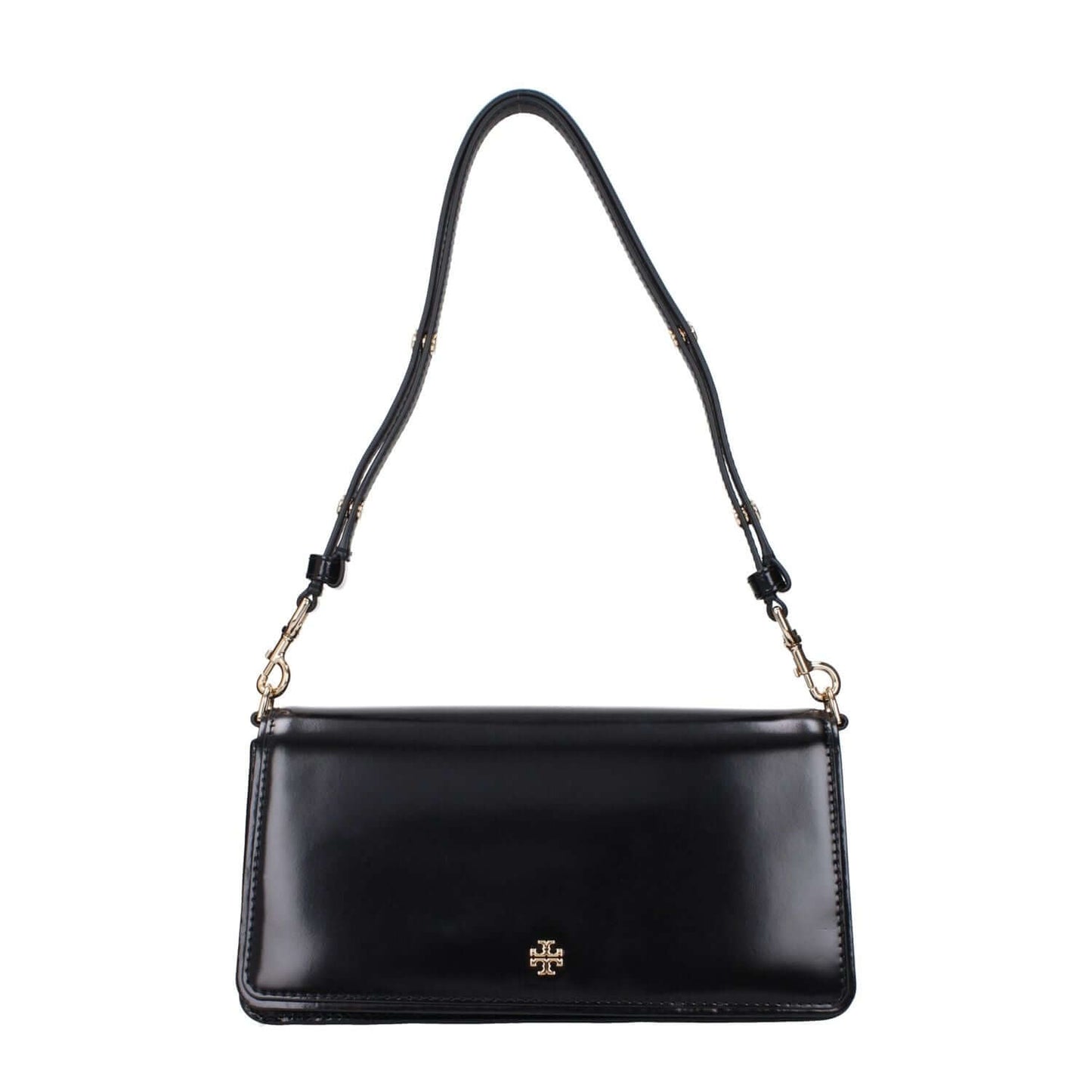 Tory Burch Black Leather Shoulder Bag with logo, adjustable and removable handles, divider inner pocket, patent finish.