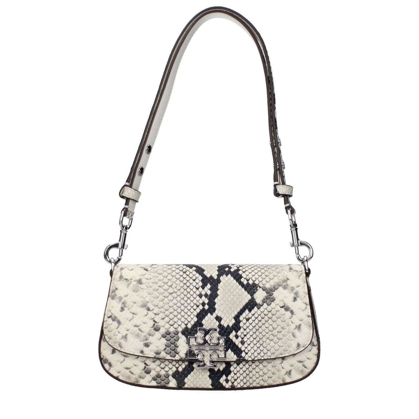 Tory Burch White Leather Shoulder Bag with snake print, front logo, adjustable and removable handle, code F83422, MPN 162837100.