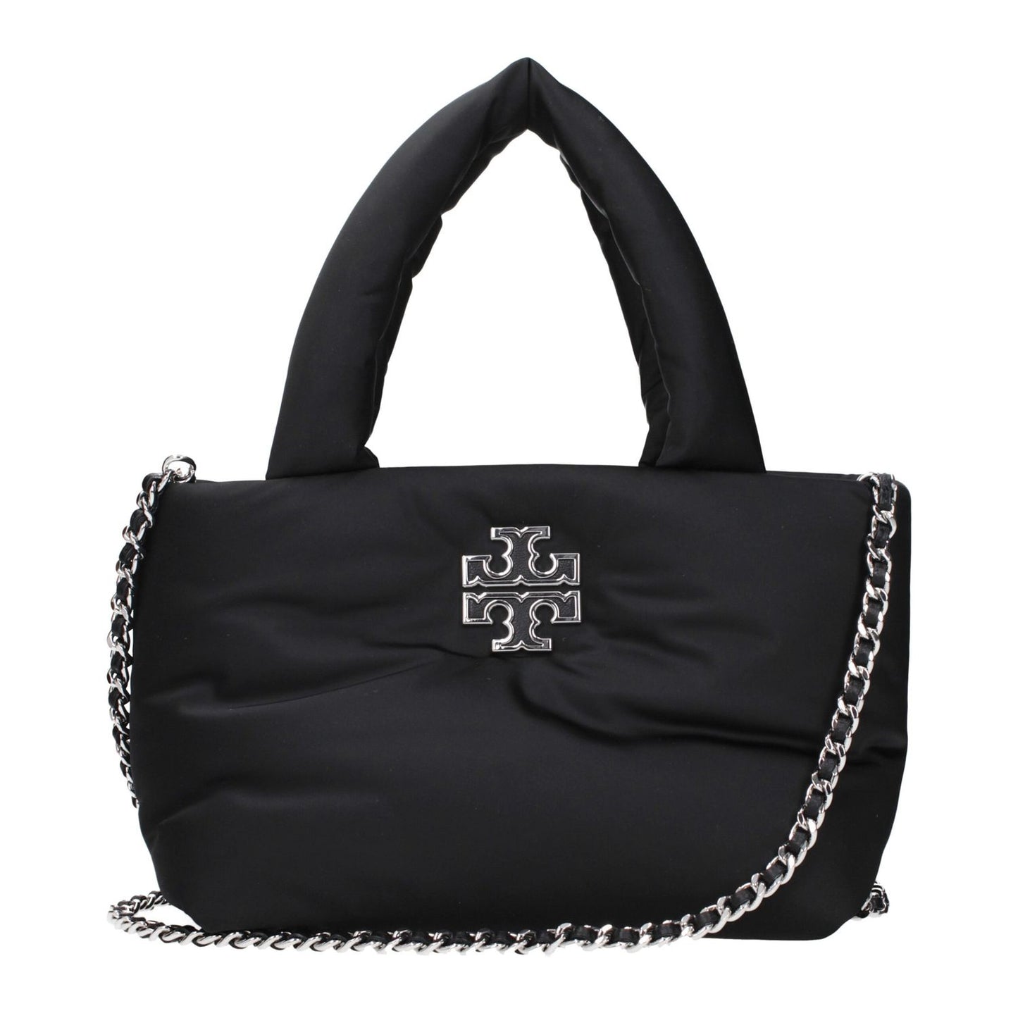 Tory Burch Black Fabric Handbag with front logo and chain strap, featuring adjustable and removable shoulder strap.