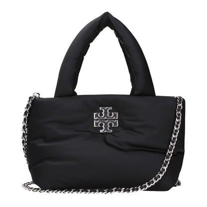 Tory Burch Black Fabric Handbag with front logo and chain strap, featuring adjustable and removable shoulder strap.