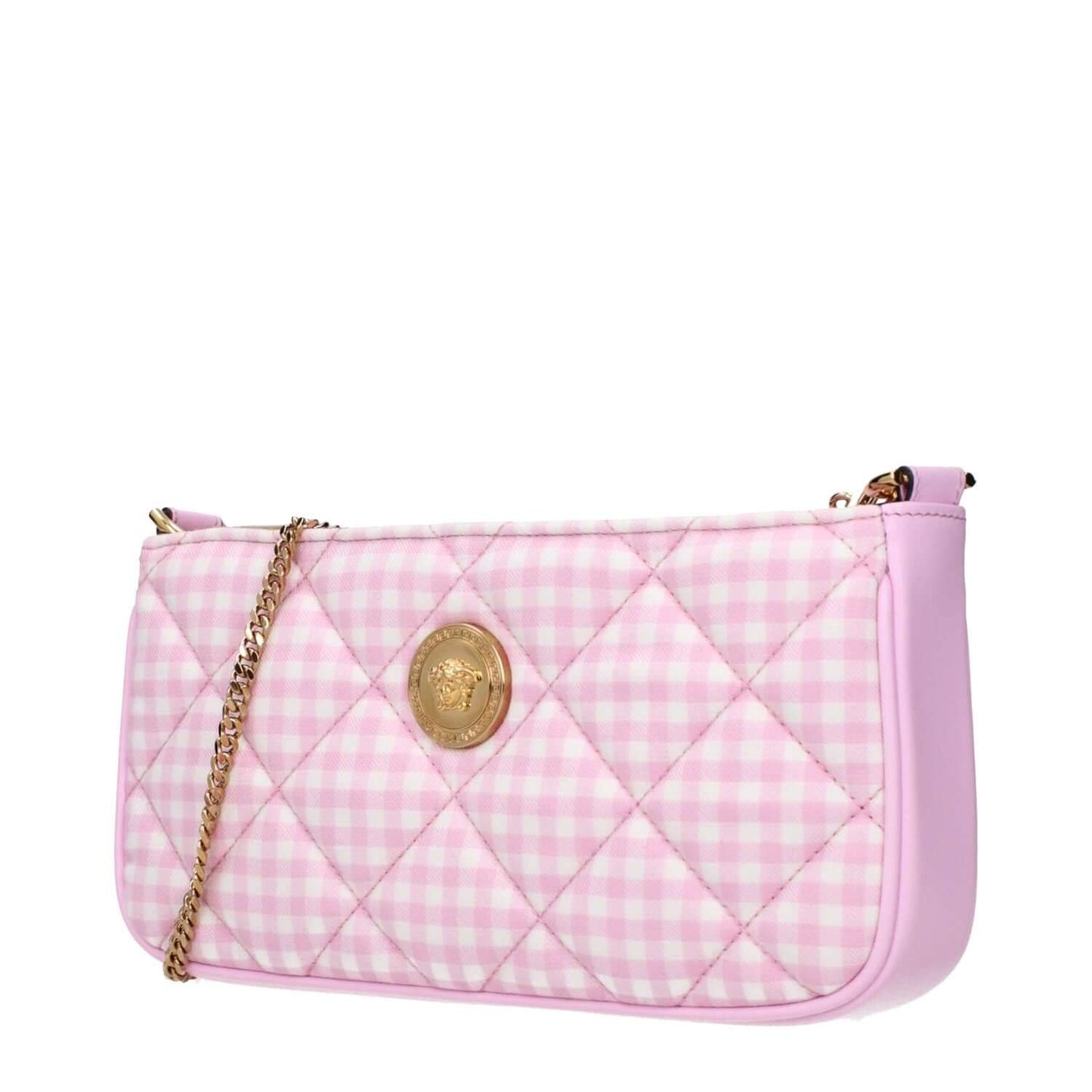 Versace Pink Fabric Shoulder Bag with front detail, MPN 10155411A139842PQ5VP, code F83750, featuring checkered pattern and chain strap.
