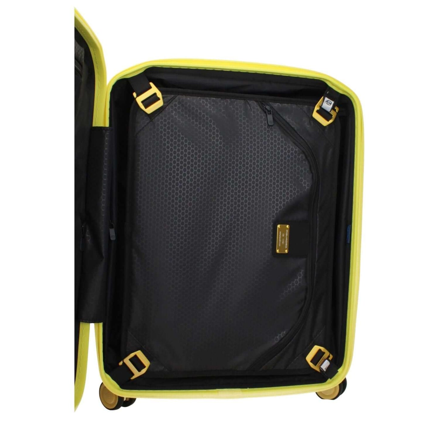 Interior view of Piquadro Yellow Polycarbonate Luggage And Travel showing TSA closure, USB port, and adjustable handle features.