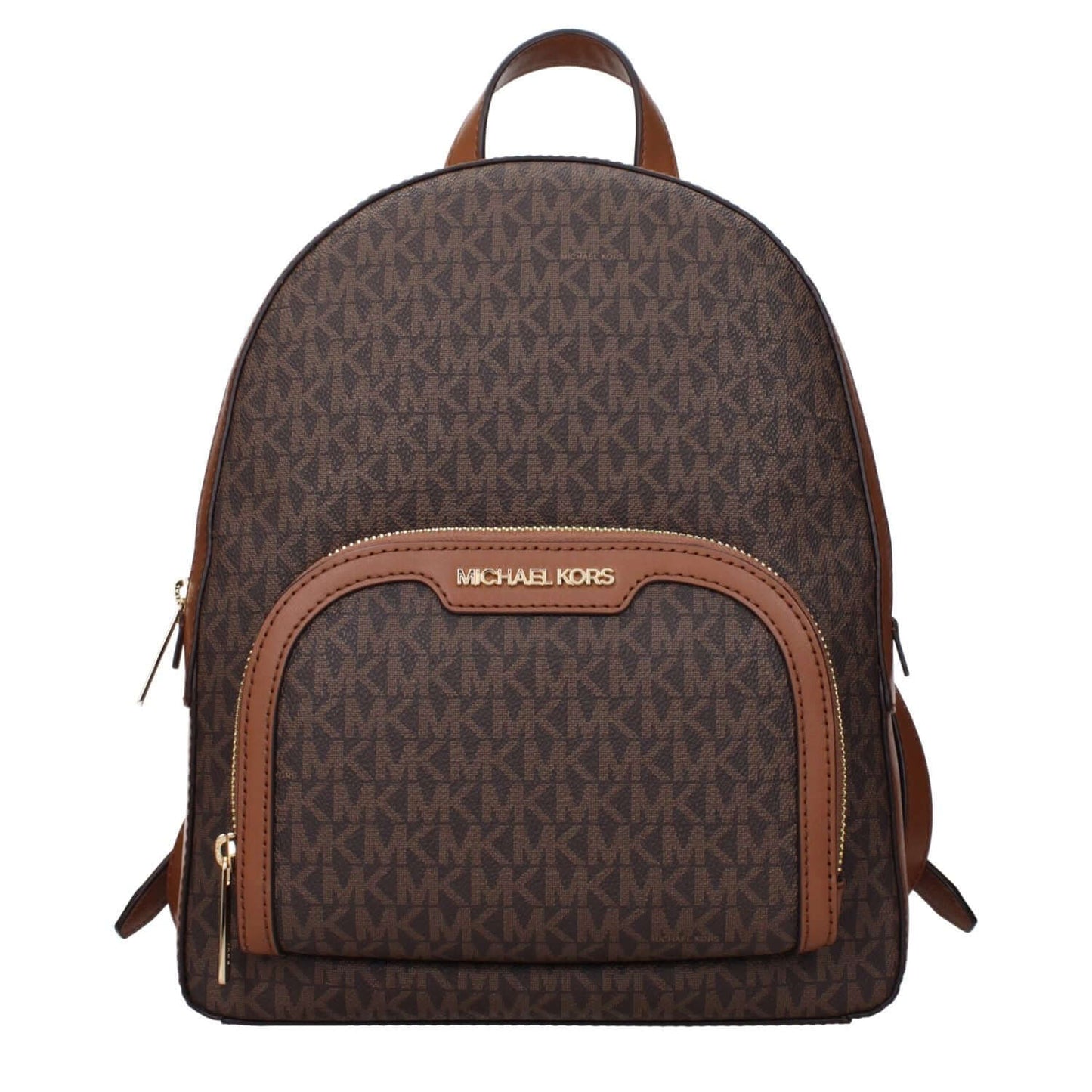 Michael Kors Brown Fabric Backpack with logo, front pocket, and adjustable straps.