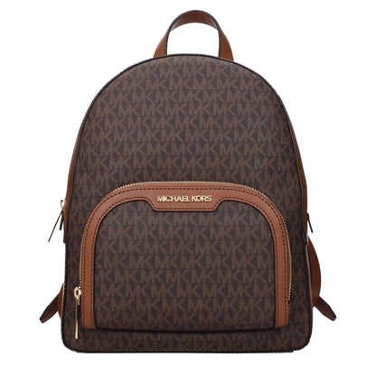 Michael Kors Brown Fabric Backpack with logo, front pocket, and adjustable straps.