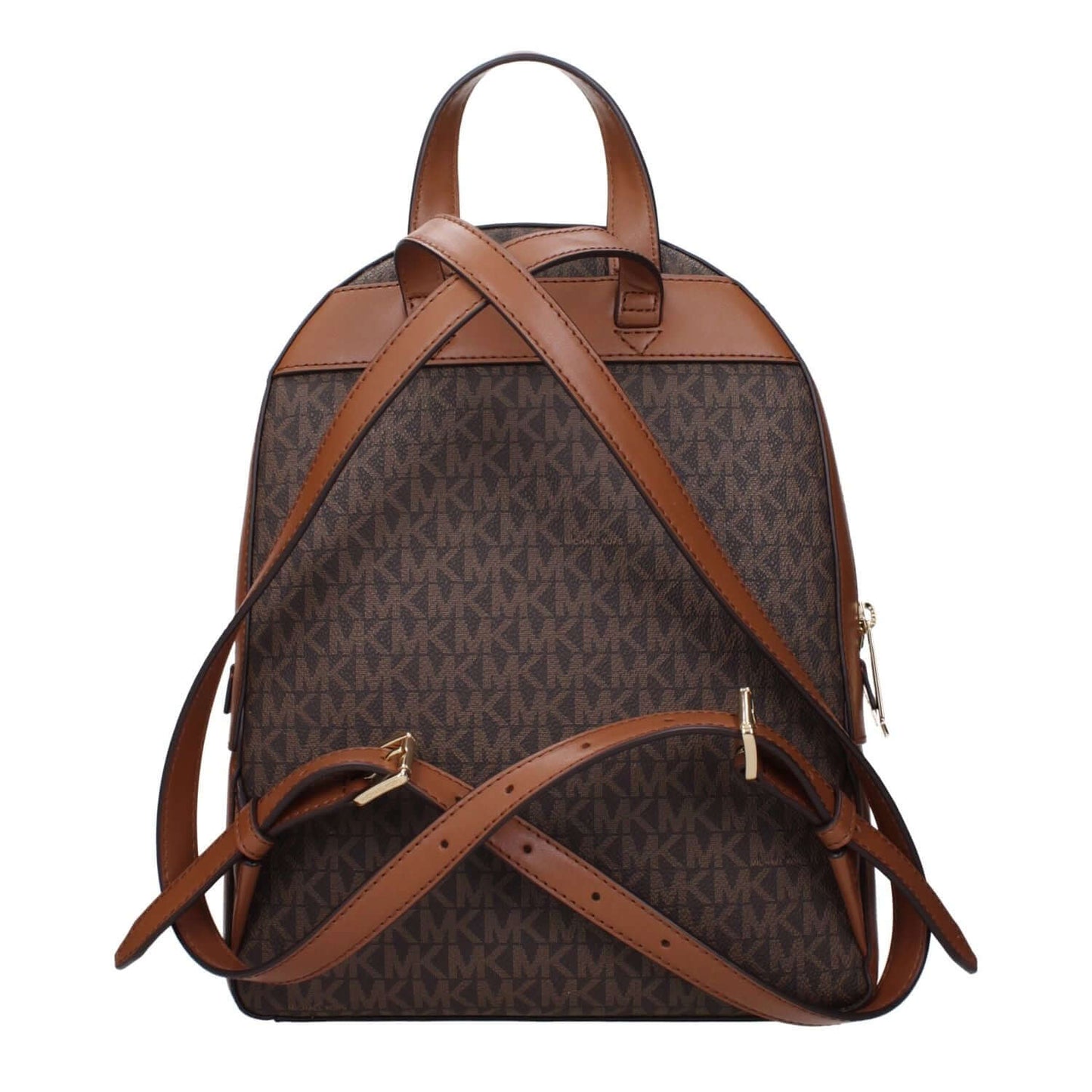 Michael Kors Brown Fabric Backpack with logo pattern, adjustable straps, and leather details for stylish and functional wear.