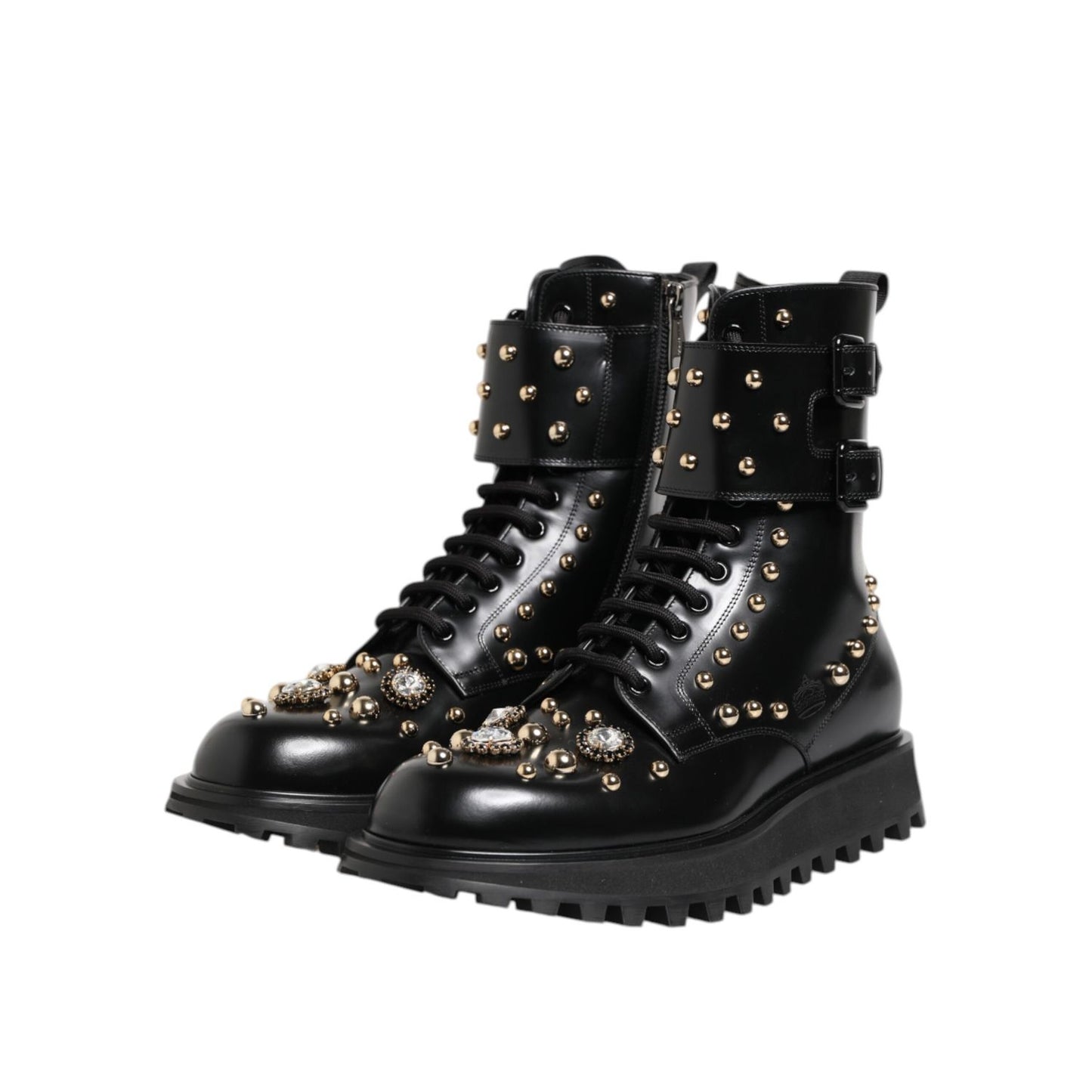Dolce & Gabbana Black Studded Lace Up Mid Calf Boots Shoes with calf leather and logo details, made in Italy.