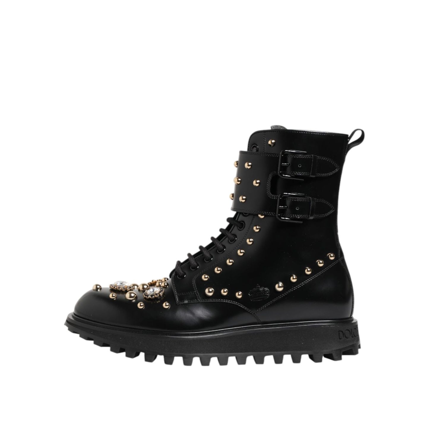 Dolce & Gabbana Black Studded Lace Up Mid Calf Boots Shoes in calf leather with logo details and durable sole.
