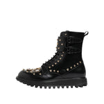 Dolce & Gabbana Black Studded Lace Up Mid Calf Boots Shoes in calf leather with logo details and durable sole.