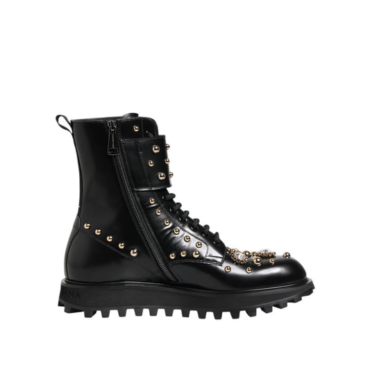 Dolce & Gabbana Black Studded Lace Up Mid Calf Boots Shoes, calf leather, high craftsmanship, exclusive design, Italian made footwear.