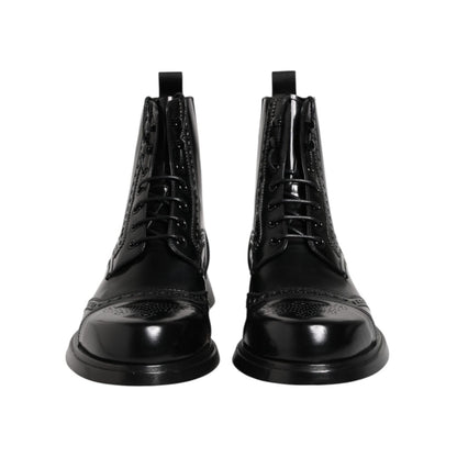Dolce & Gabbana Black Leather Lace Up Mid Calf Boots Shoes