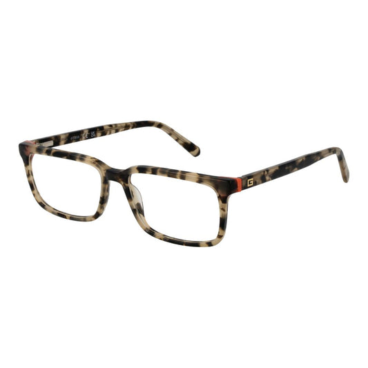 Guess Beige Men Glasses Frame with acetate rectangle full-rim style and demo lenses, featuring a spring hinge and branded case included.