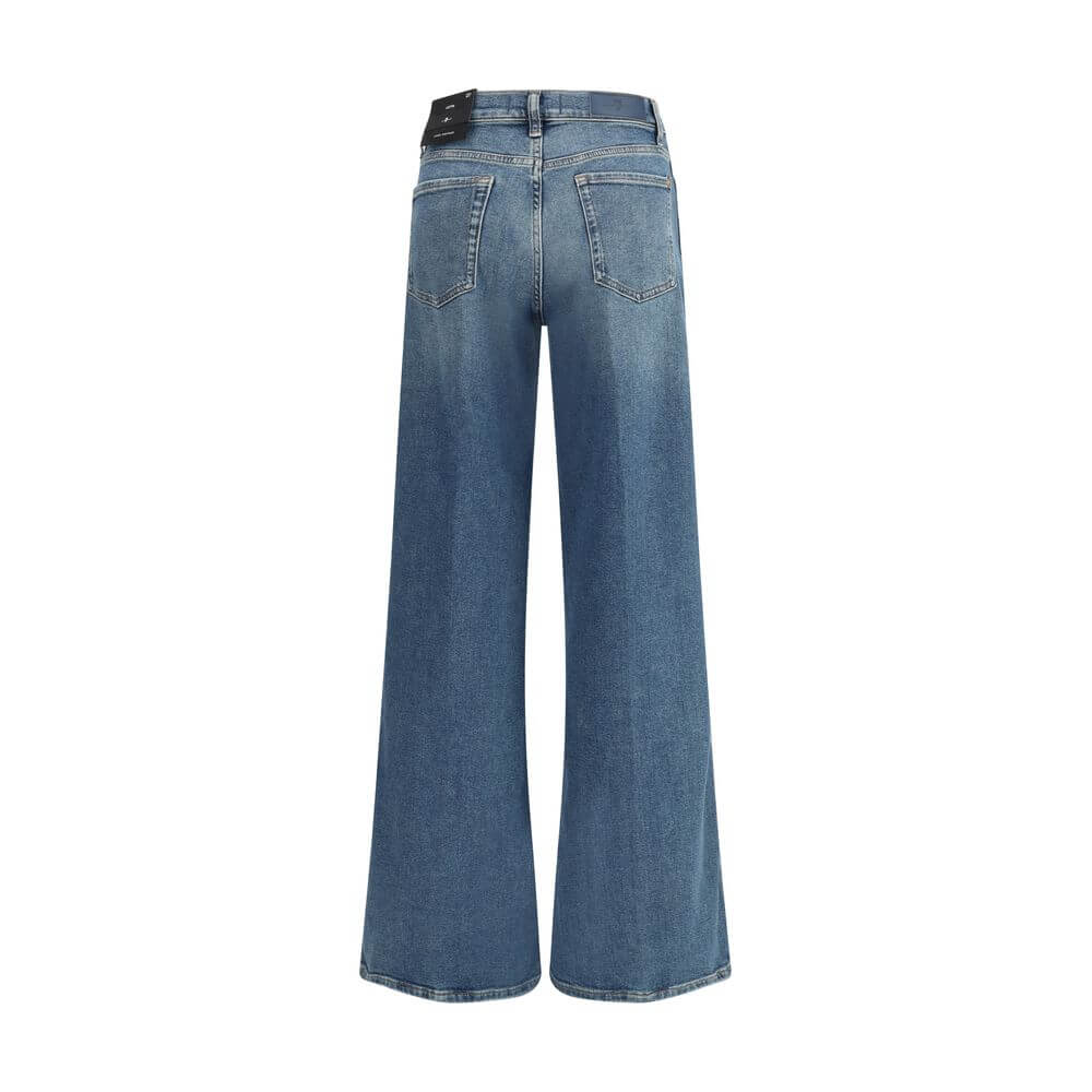 7FOR Blue Cotton Flared Jeans with wide leg, high waist and classic five-pocket design in Luxe Vintage denim, rear view.