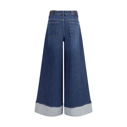 Back view of 7FOR Blue Cotton Jeans Denim with wide leg silhouette and turn-up hems, showcasing the classic five-pocket design and modern fit.