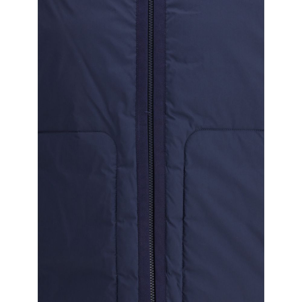 Close-up of Moncler x Donald Glover Blue Goose Down Full-Length Jacket showcasing the front zip and fabric texture.