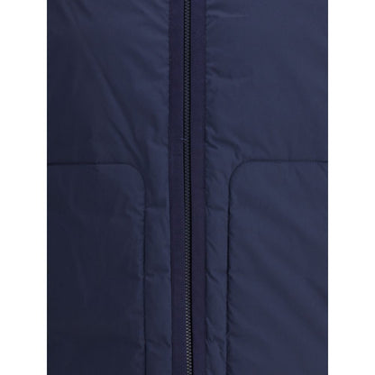 Close-up of Moncler x Donald Glover Blue Goose Down Full-Length Jacket showcasing the front zip and fabric texture.