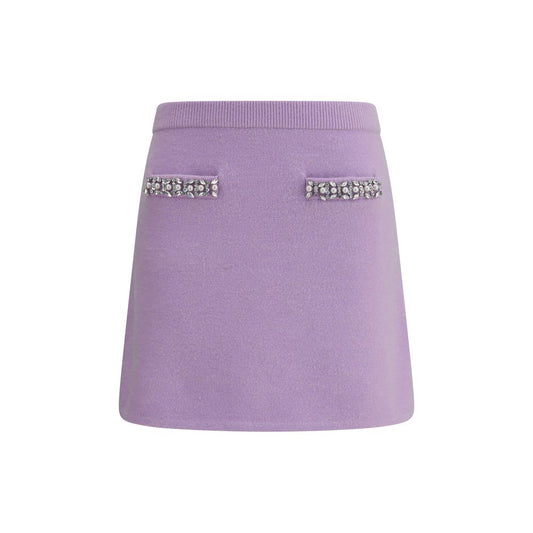 Self-Portrait Purple Viscose Mini Skirt with jewel embellishments, featuring elastic waistband, front slit pockets, and unlined design.