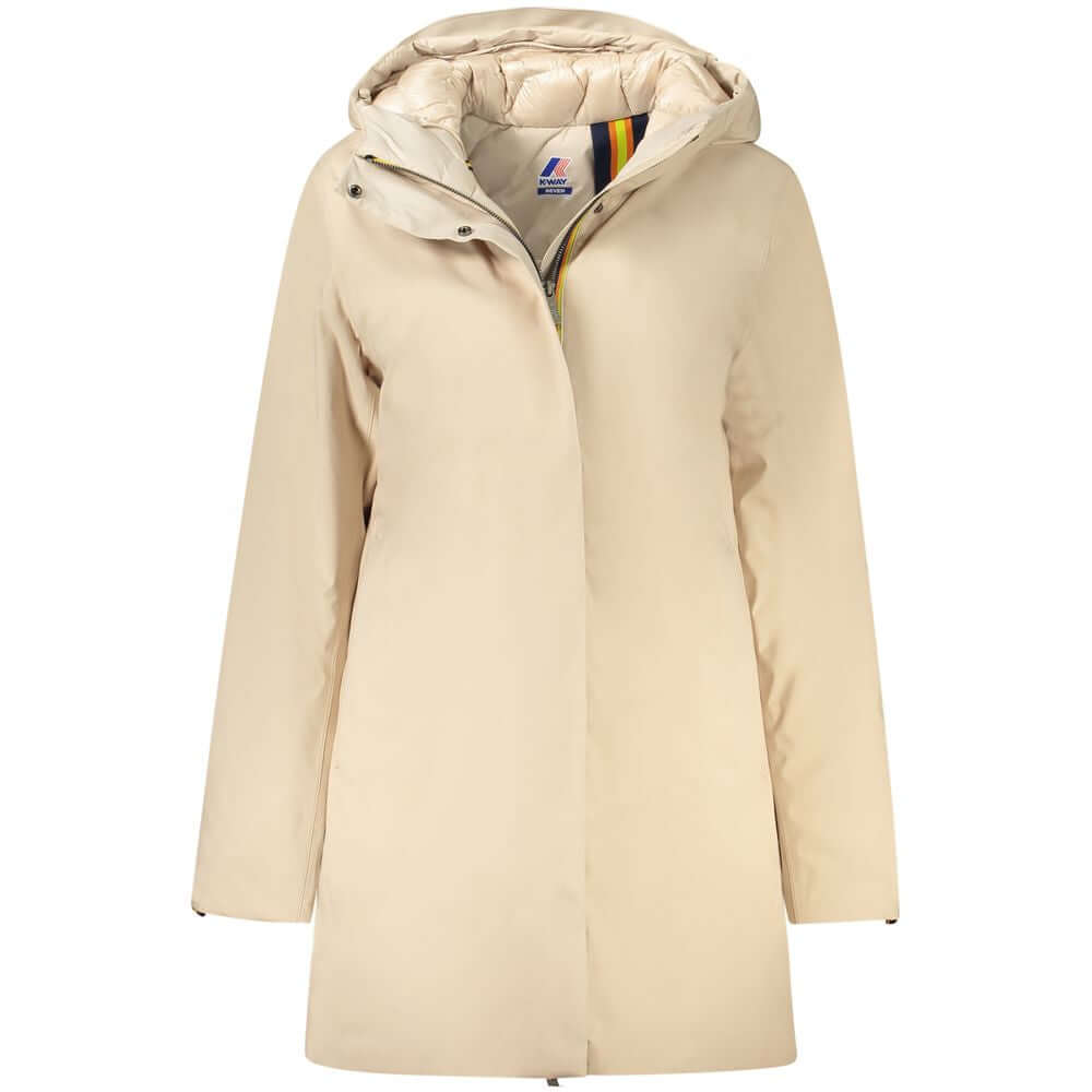 K-WAY Beige Polyester Jackets & Coat, long sleeve trench with hood, padded, features zip, buttons, logo, external and internal pockets.