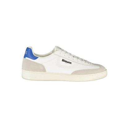 Blauer White Leather Men Sneaker with blue details, sporty design, and Blauer logo for modern style and comfort.
