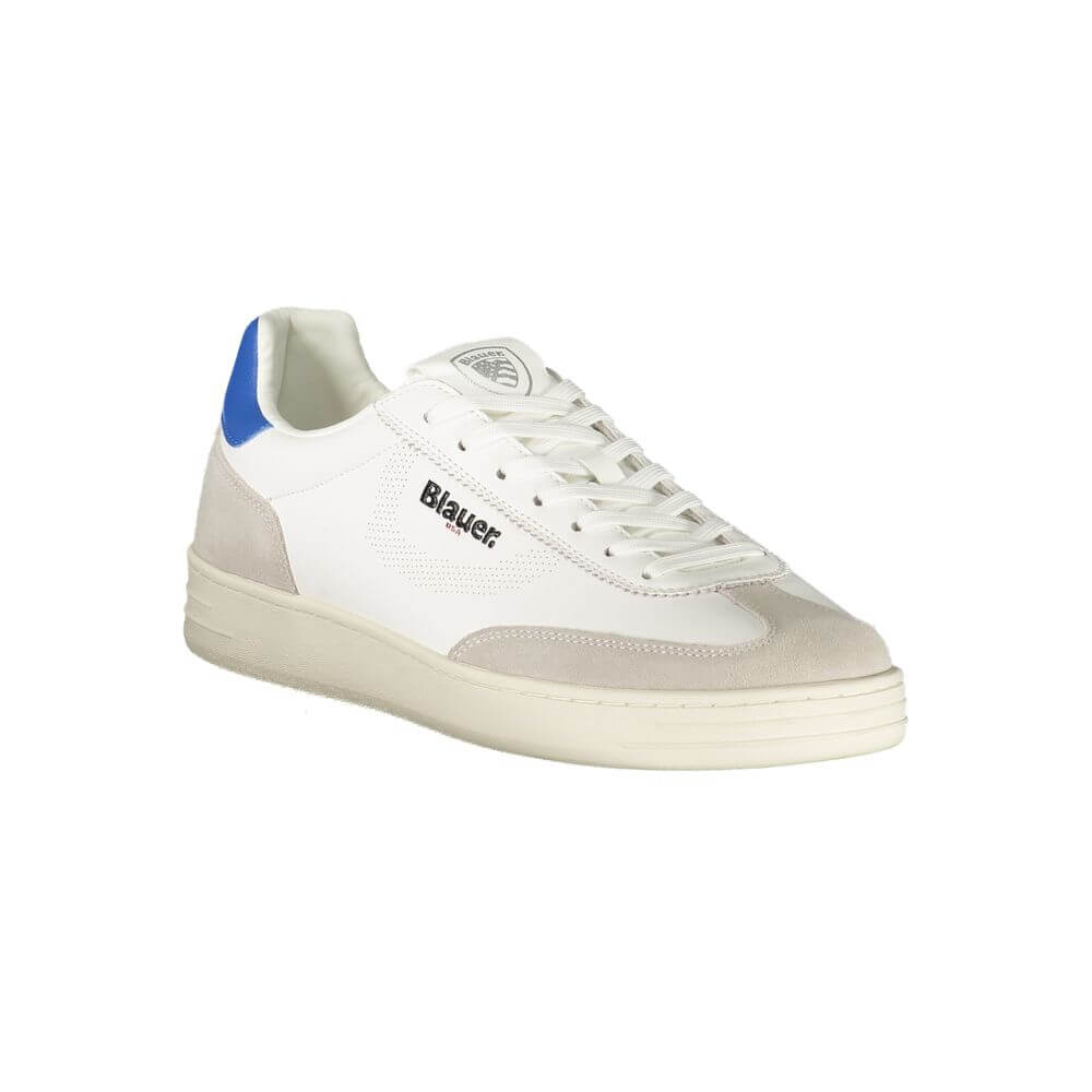 Blauer White Leather Men Sneaker with blue accents and logo, featuring a sleek design and plush insole for modern comfort.