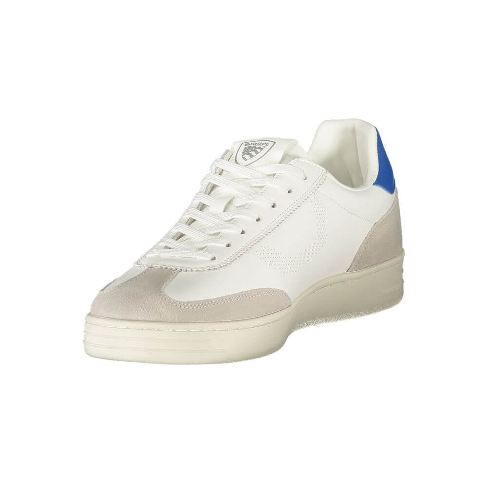 Blauer White Leather Men Sneaker with blue details, featuring removable insole and Blauer logo for style and comfort.