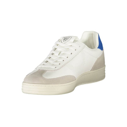 Blauer White Leather Men Sneaker with blue details, featuring removable insole and Blauer logo for style and comfort.