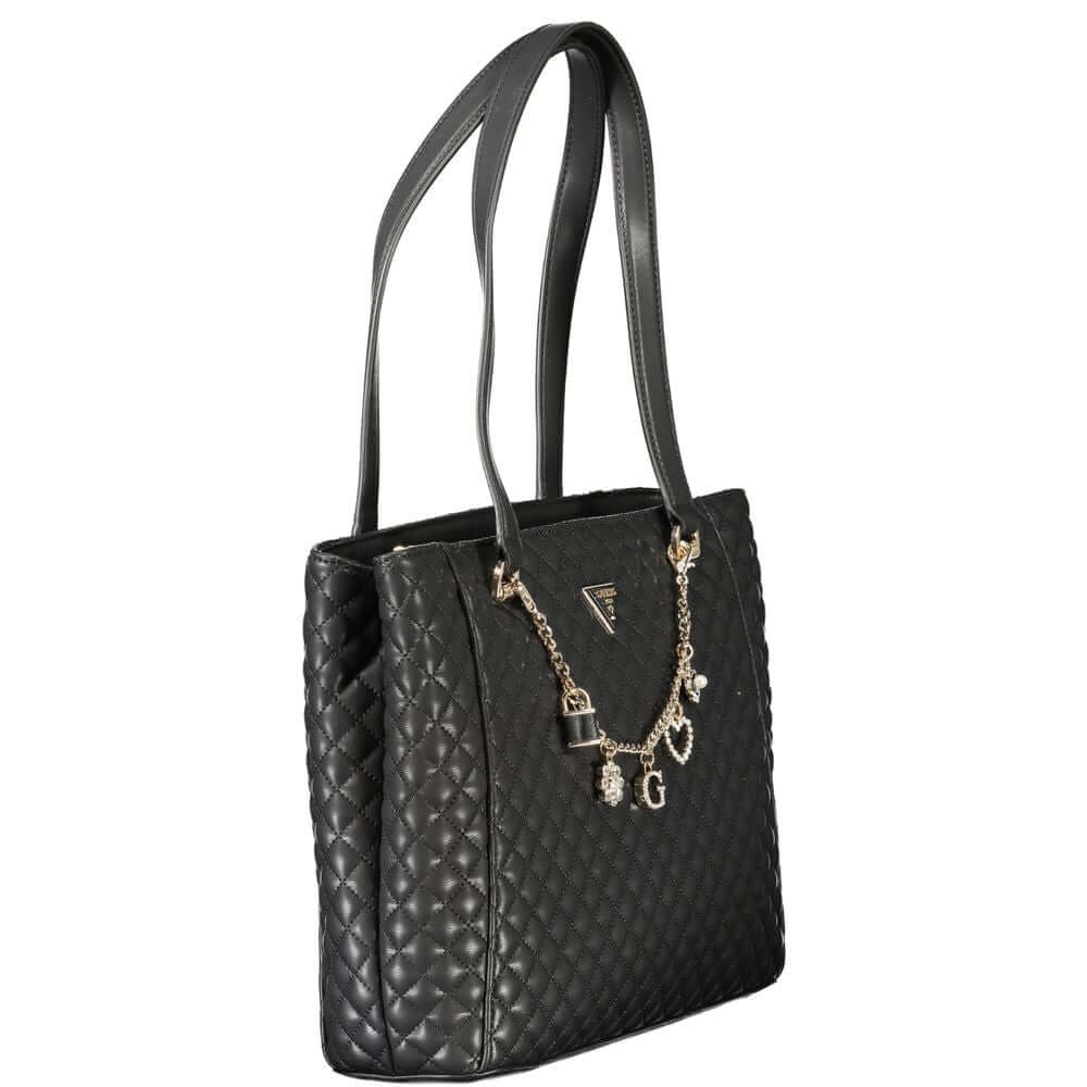 Guess Jeans Black Polyethylene Women Handbag with quilted design and chain embellishments, featuring dual compartments.