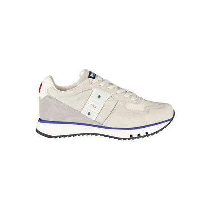 Side view of Blauer Gray Leather Men Sneaker showcasing sleek design and logo.