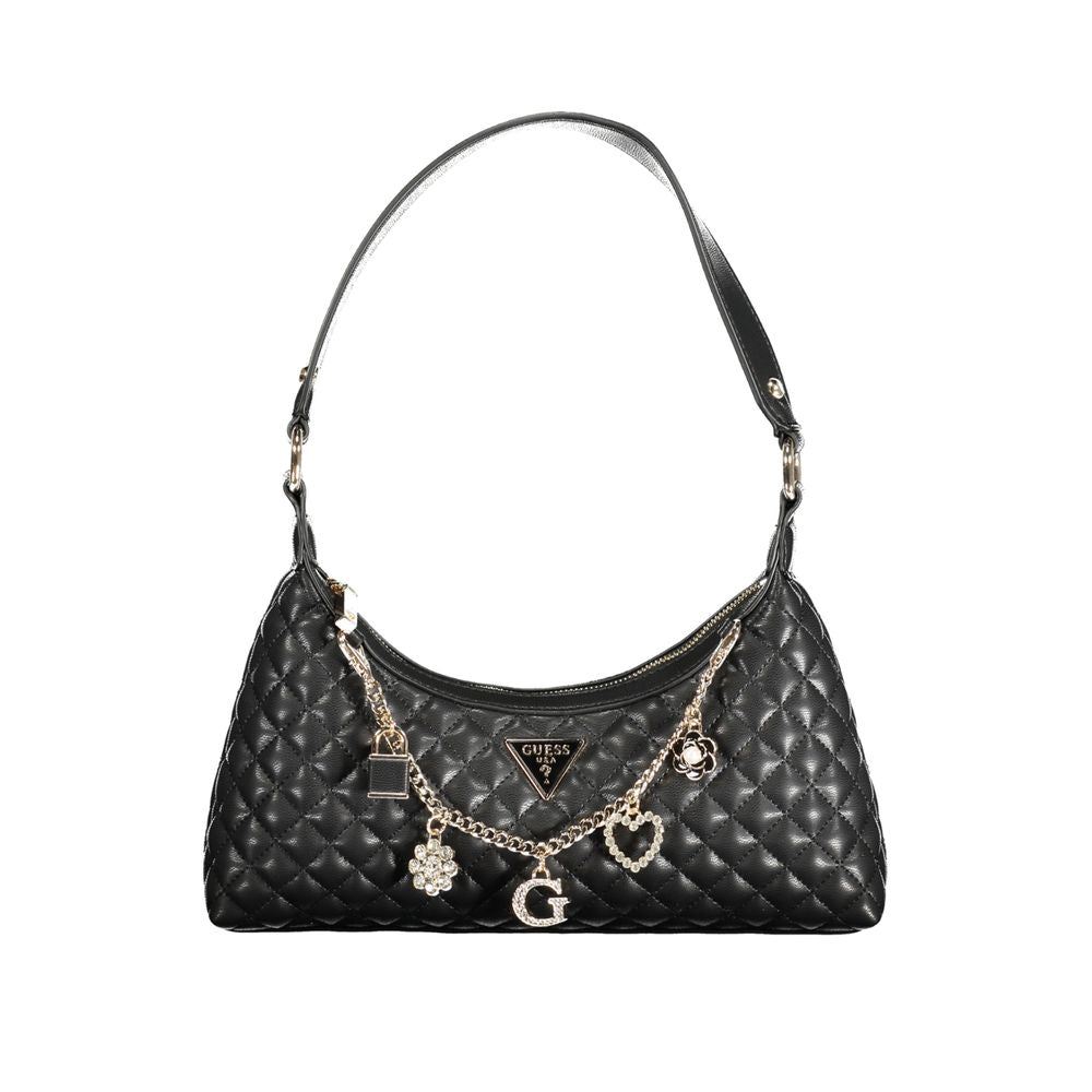 Guess Jeans Black Polyethylene Women Handbag with quilted design and charm details, showcasing chic sophistication and functionality.